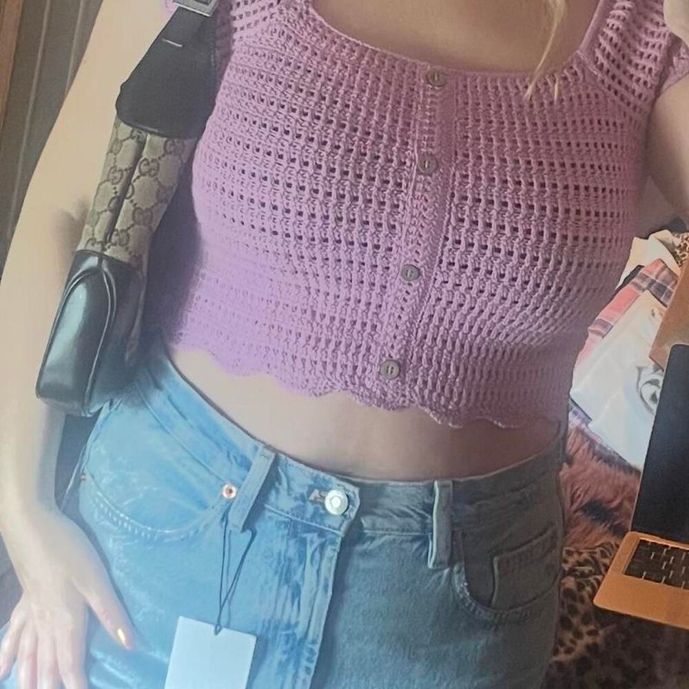 Pink Crochet Crop Top Button Front Sz Large Forever 21 Lavender Boho Cottagecore - Picture 3 of 6
